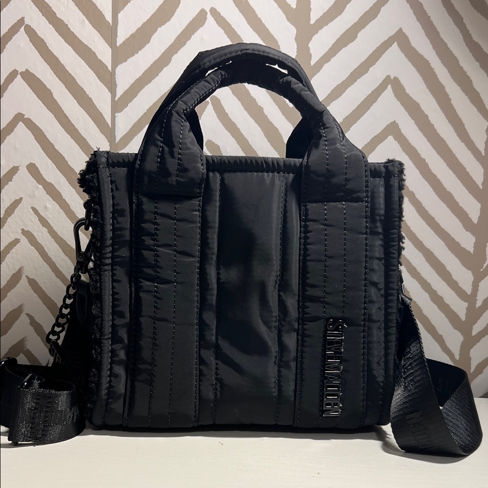 Steve Madden Black Quilted Nylon/Sherpa Tote